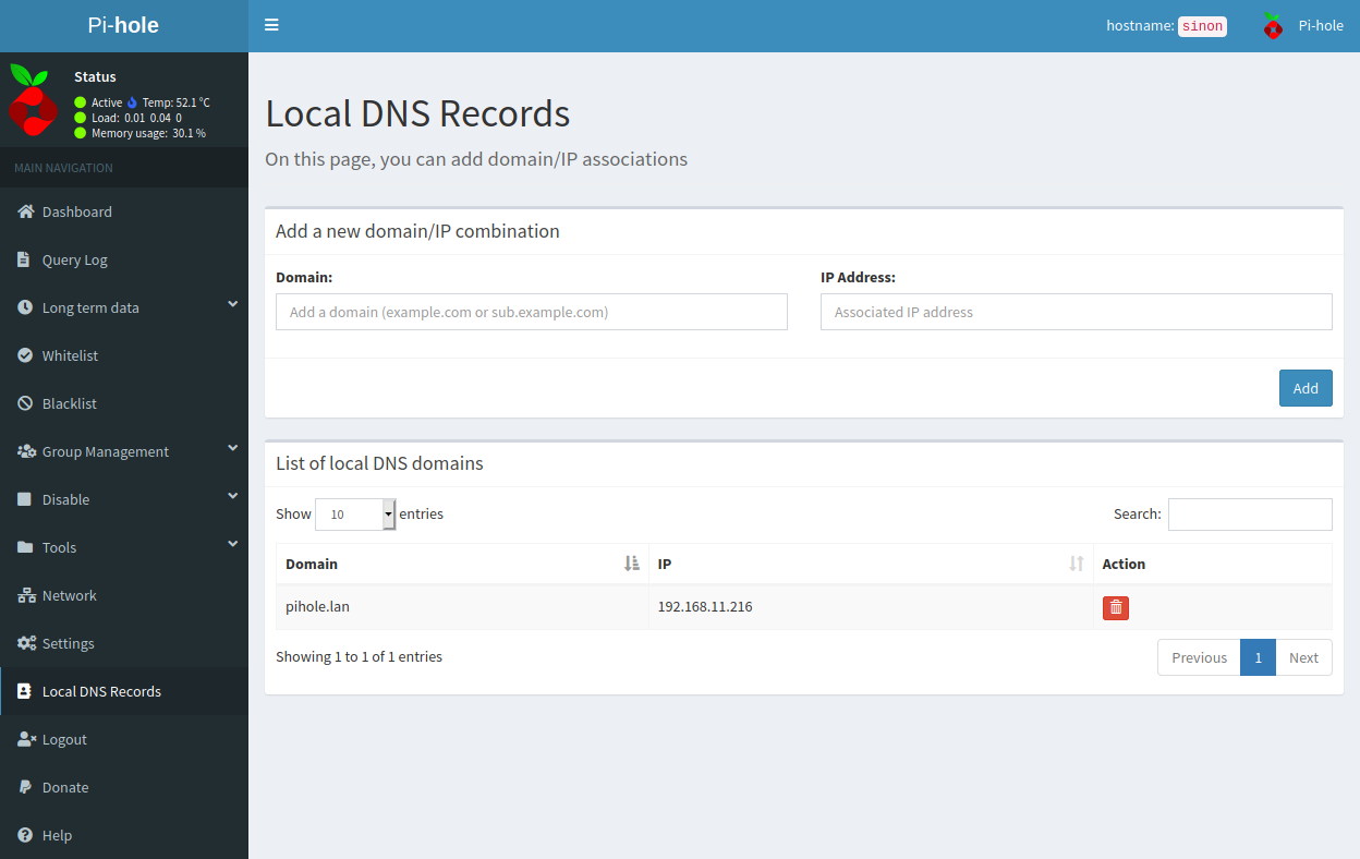image showing the local DNS records settings page in the pihole web interface