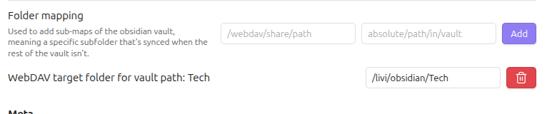 Screenshot showing a folder mapping added for the local folder Tech, mapped to the WebDAV share /livi/obsidian/Tech