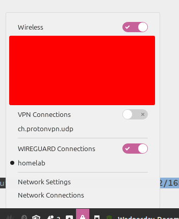Screenshot showing the network-manager applet on Linux Mint, Cinnamon edition. The applet contains three sections; a censored block of wireless connections, an OpenVPN connection with a ProtonVPN entry, and a wireguard section with an active connection